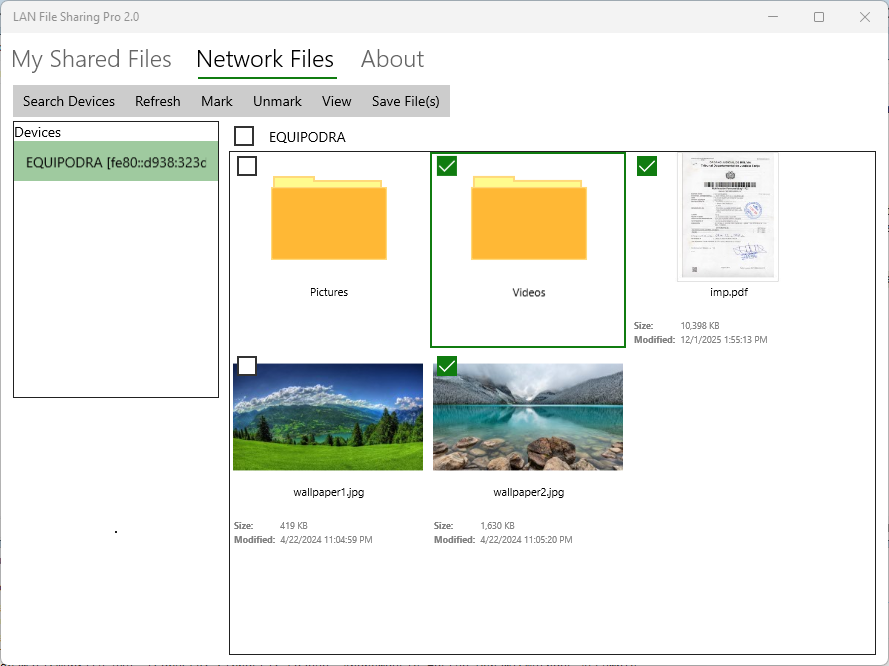 Lan File Sharing Pro: Selection of files to save